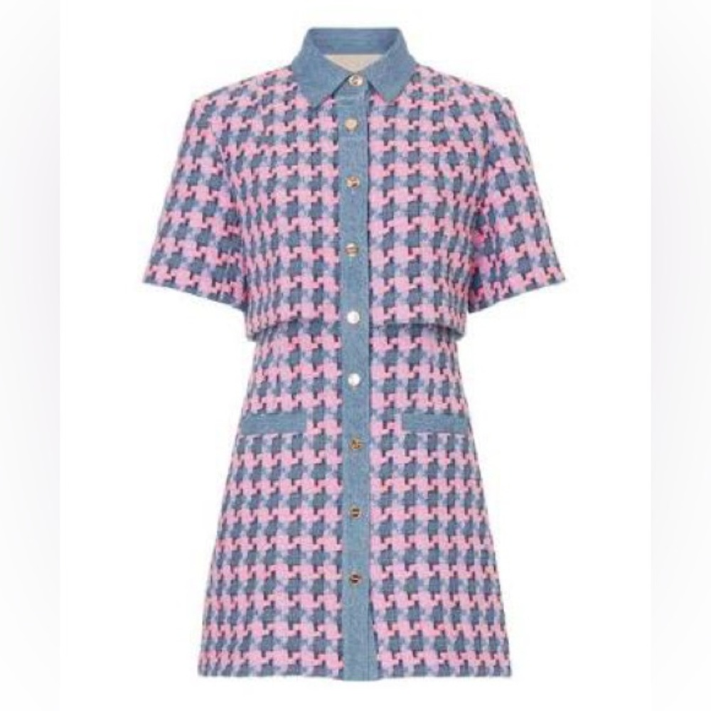 Sandro Amadora Denim Trim Houndstooth Tweed Mini Dress Size 34